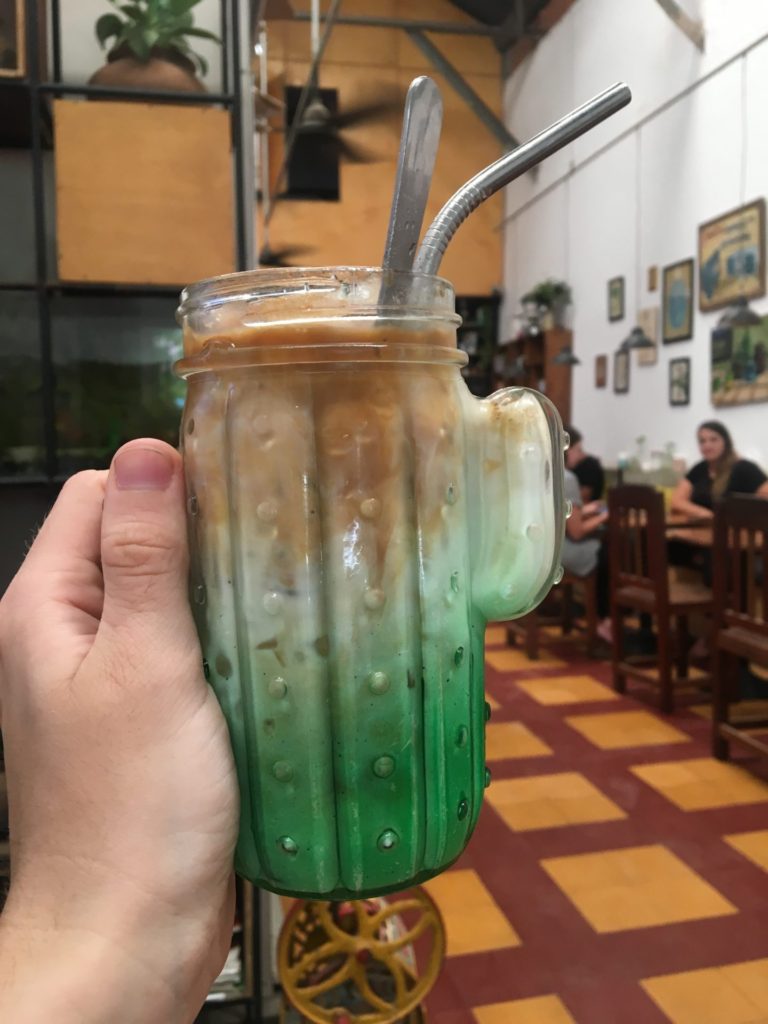 iced coffee in cactus glass in espresso roastery kampot backpacking cambodia